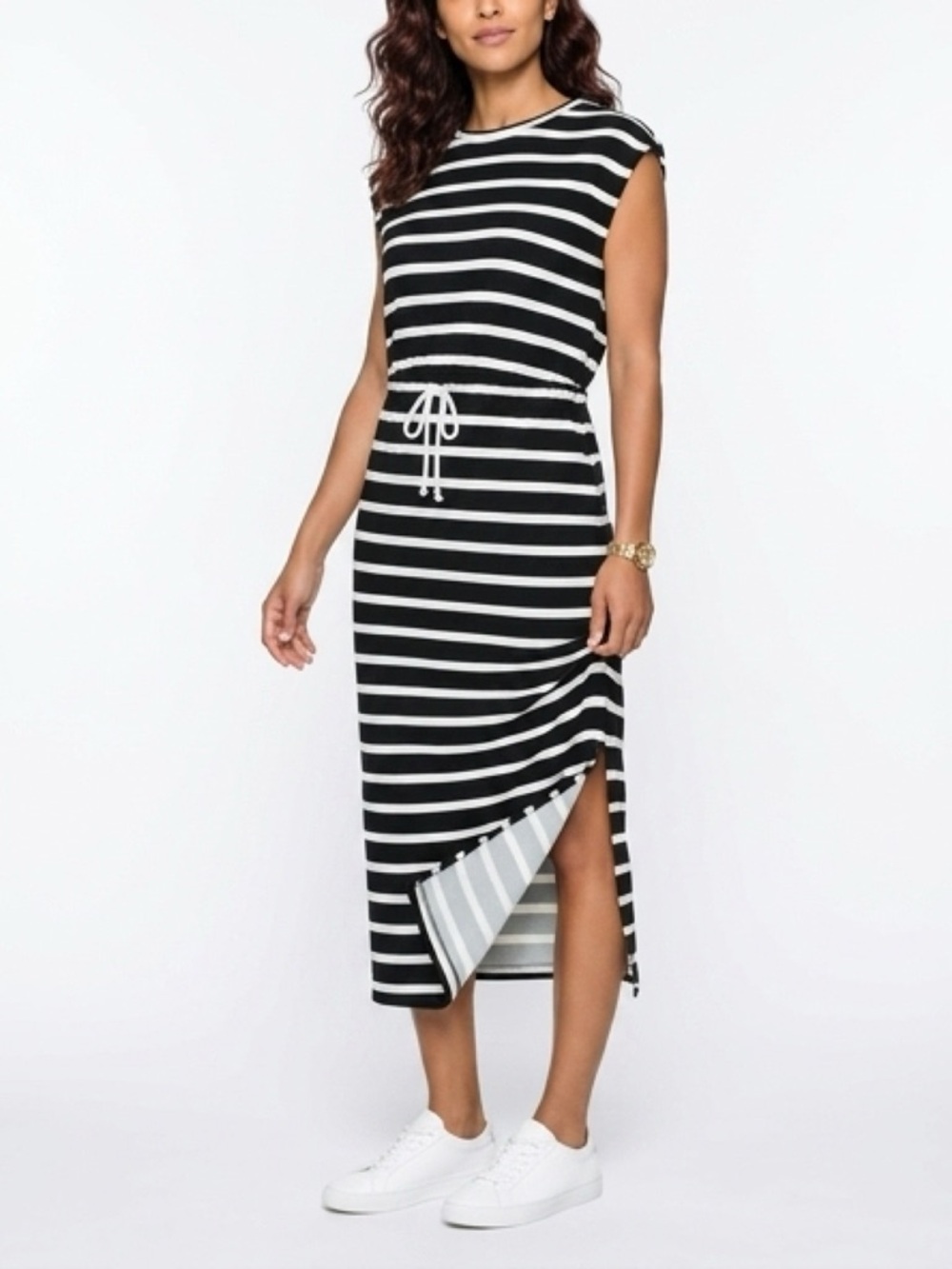 Striped Black & White Midi Dress with Drawstring Waist